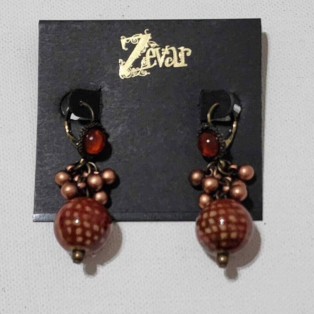 Treska Zevar Bohemian Orange Copper Spotted Bead Drop Leverback Earrings Brass